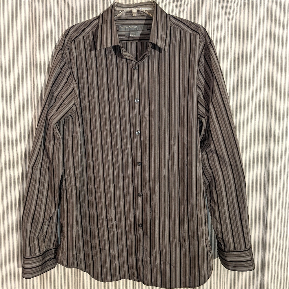 Perry Ellis Portfolio Gey Black Striped Men's DressShirt Slim Fit Wrinkle Free